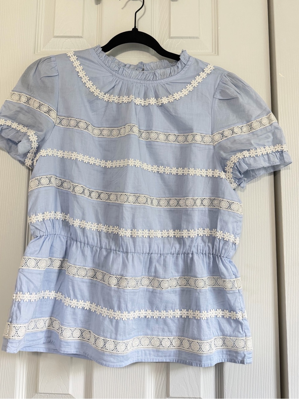 J.Crew Re-Imagined Blue Cotton Embroidered Lace Puff Sleeve Peasant Blouse Small